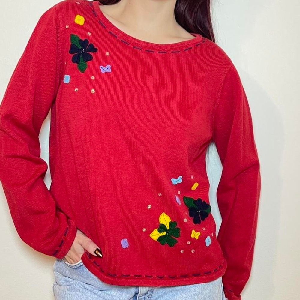 Y2K Red Sweater with Floral Details
